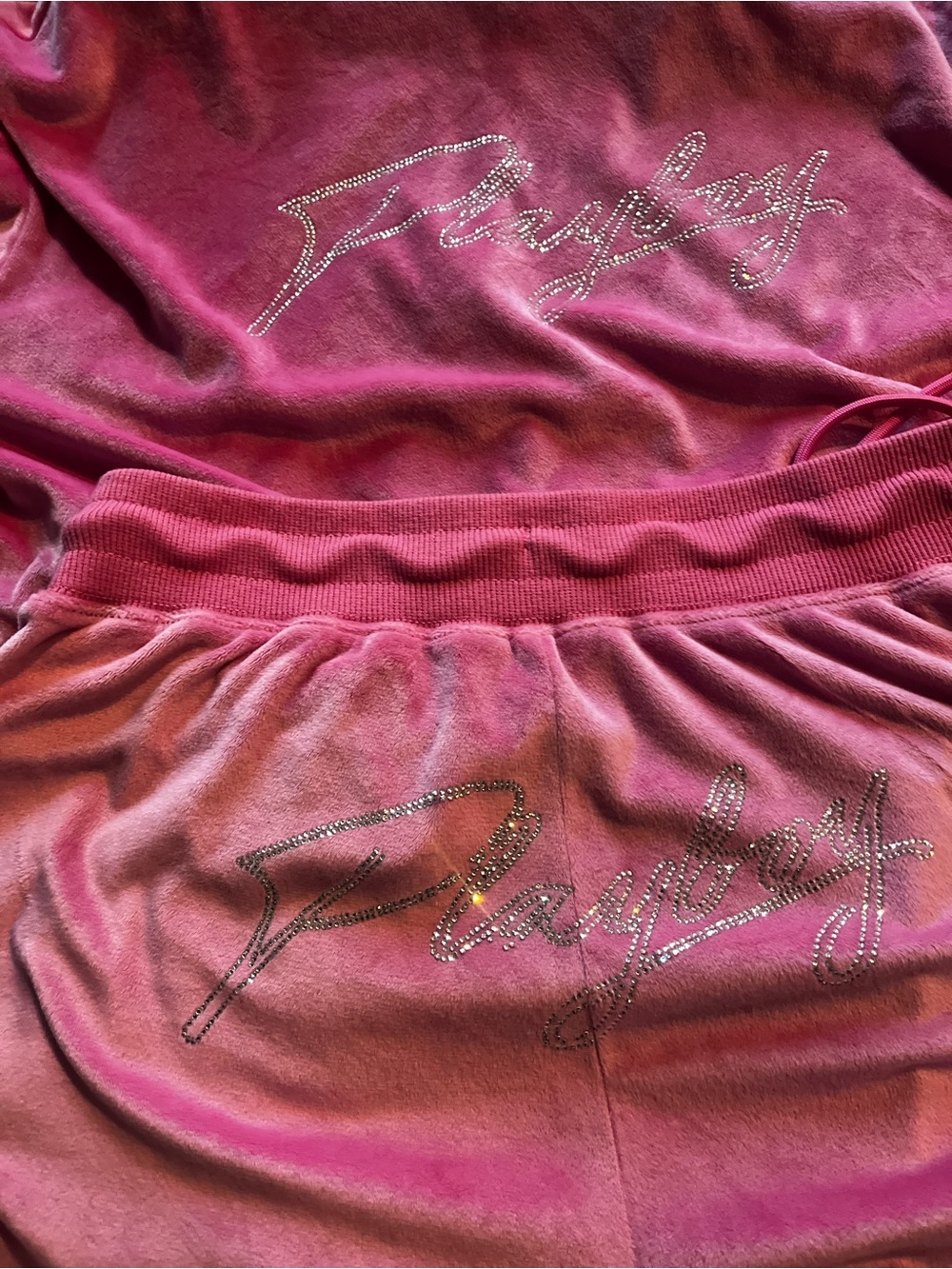 PLAYBOY Pink Velour Jumpsuit with Rhinestone Logo